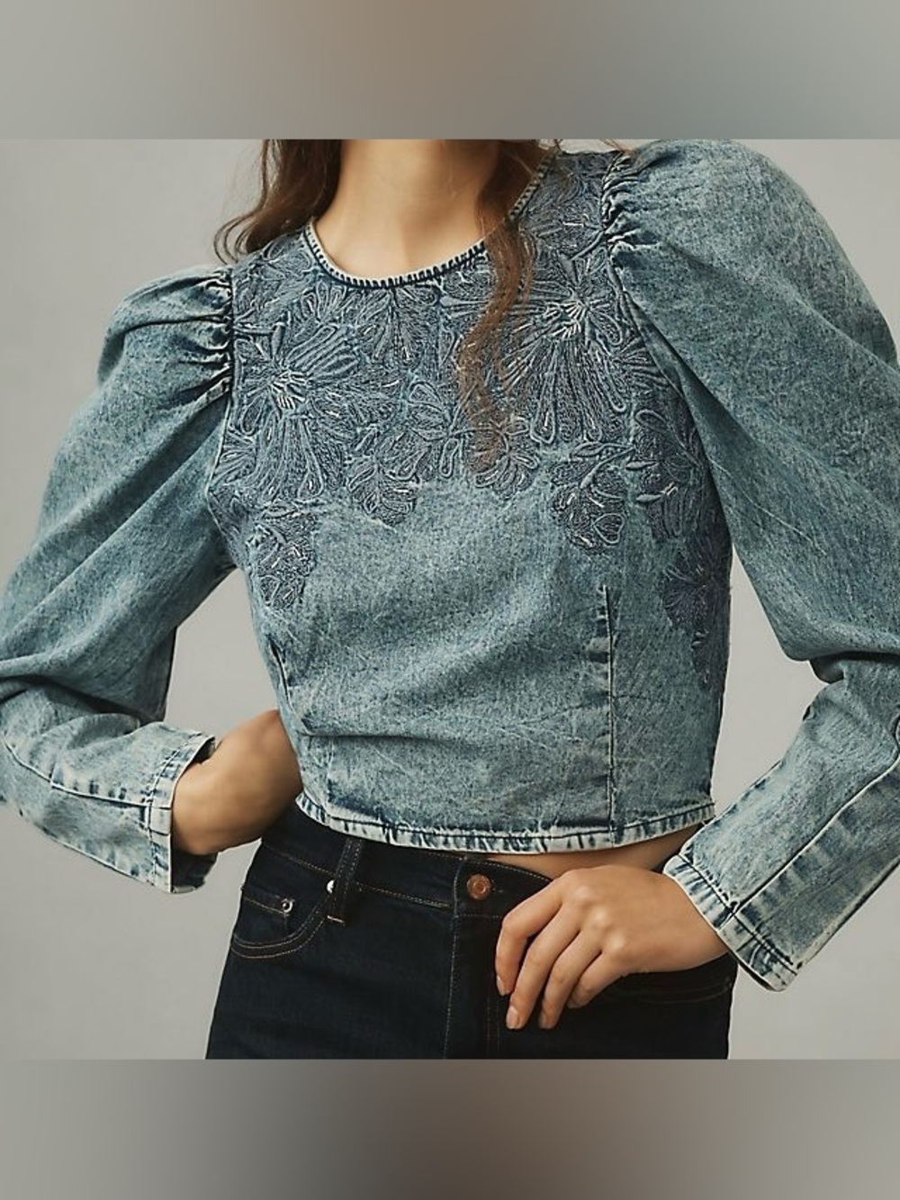 Pilcro Anthropology Top Embroidered Popover Puff Long Sleeve Denim Sz Medium NWT